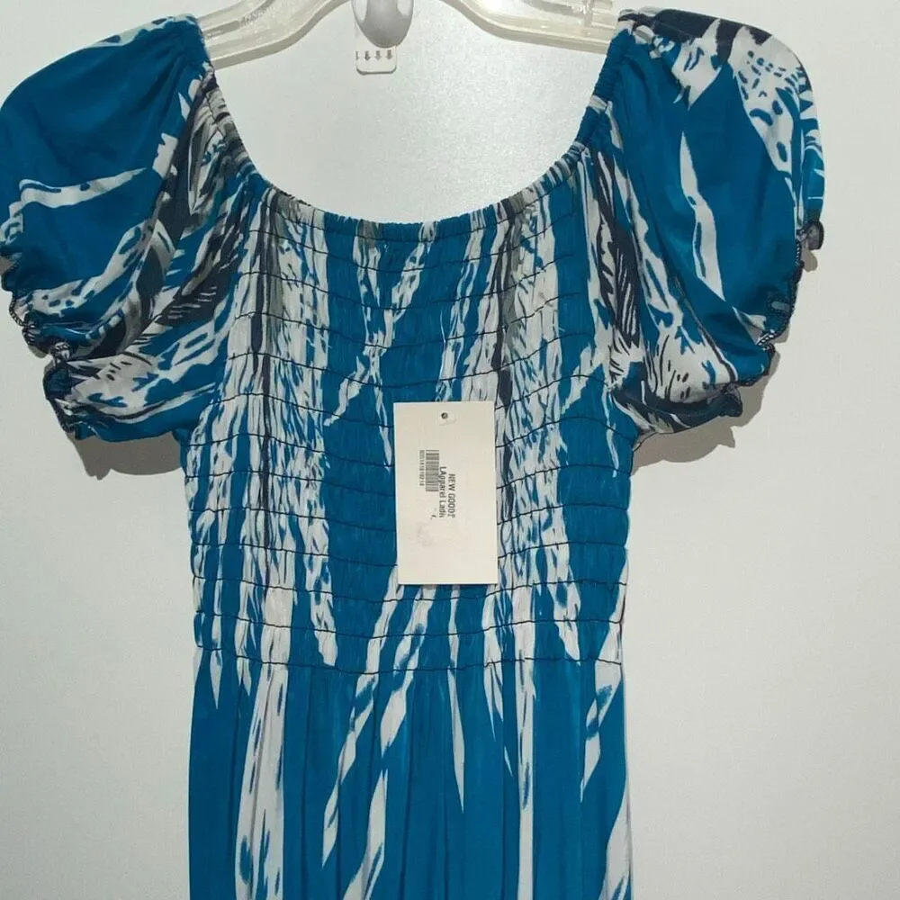Women's Blue White Tropical Smocked Stretchy‎ Pullover Maxi Dress One Size NWT